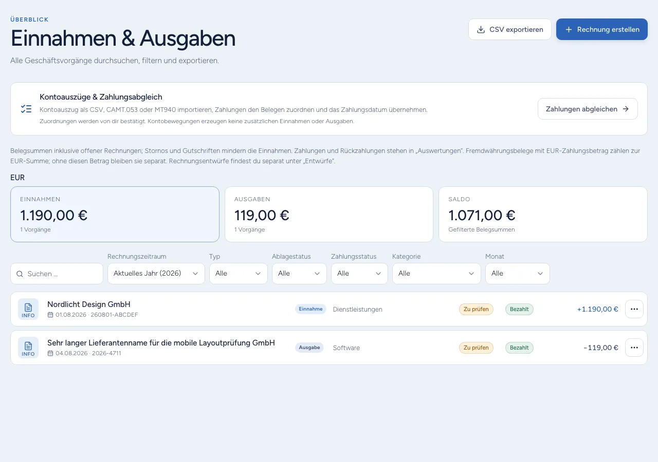 Buchlio finance dashboard showing income, expenses and individual business transactions